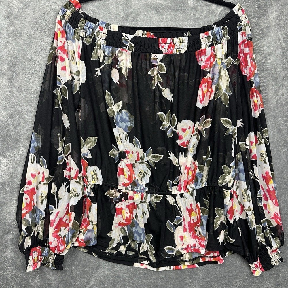White House Black Market Blouse Women's Large Sheer Ikat Floral Black Flowy NWT - Picture 9 of 12